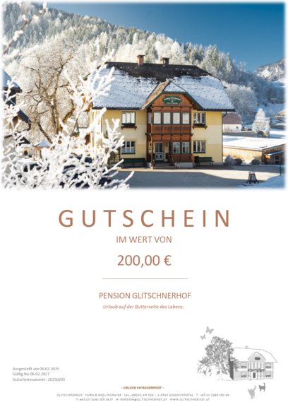 Gutscheinmotiv für den Winter. Der Glitschnerhof im Winter.